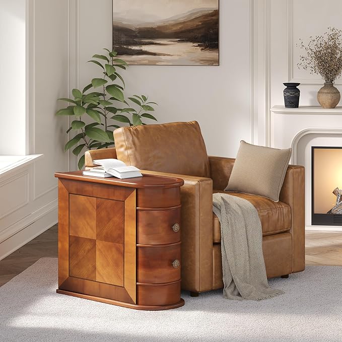 LITTLE TREE End Table Set of 2, No Assembly Required Wood End Table with 2 Drawers, Sofa Side Table for Living Room, Vintage Slim Nightstand Bedside Table for Bedroom