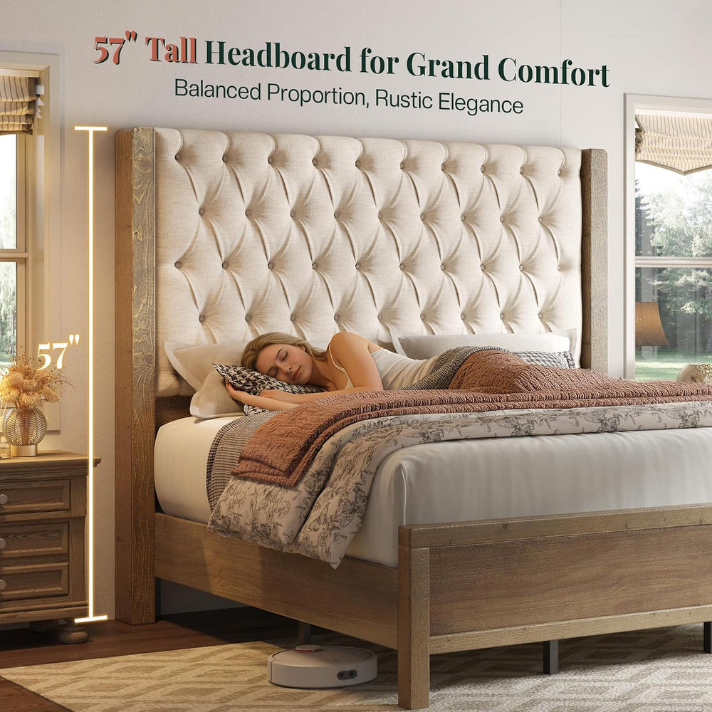 Jocisland Queen Size Solid Wood Bed Frame,57" Wingback Headboard,Gray Wash