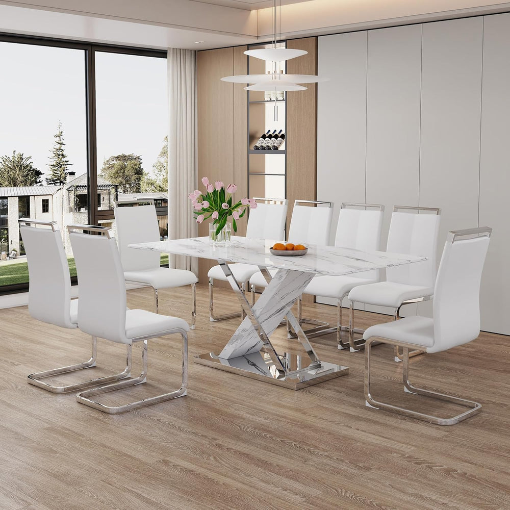 YUNDREAM Modern Marble Dining Table Set for 8,White Sliver 71''Dining...