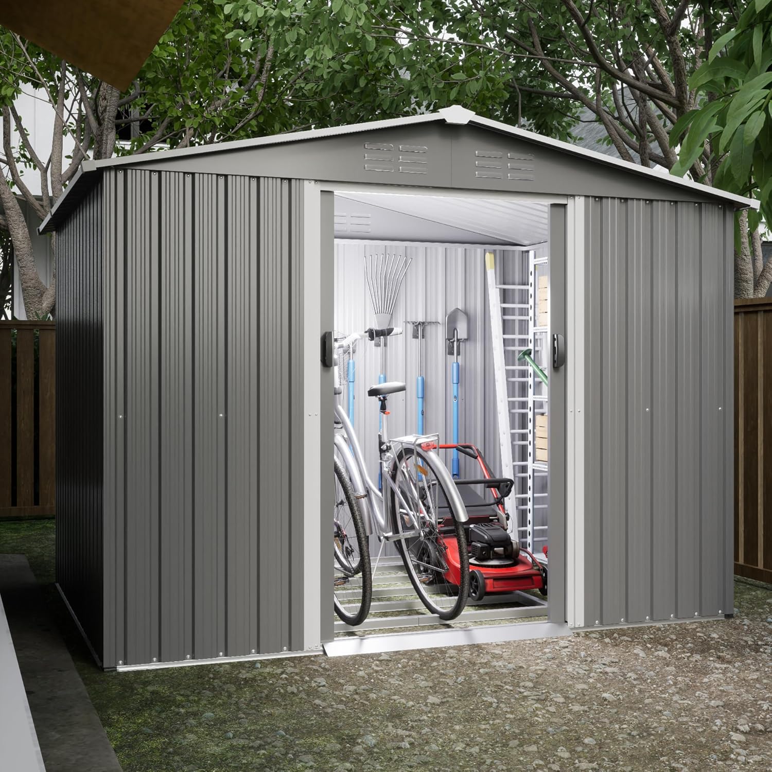 Metal Outdoor Storage Sheds 8 x 6 FT Lockable Metal Garden Shed Steel Anti-Corrosion Storage House with Double Lockable Door for Backyard Outdoor Patio