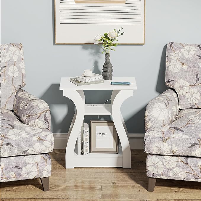 End Tables Living Room, White End Table with Charging Station,White Side Tabl...