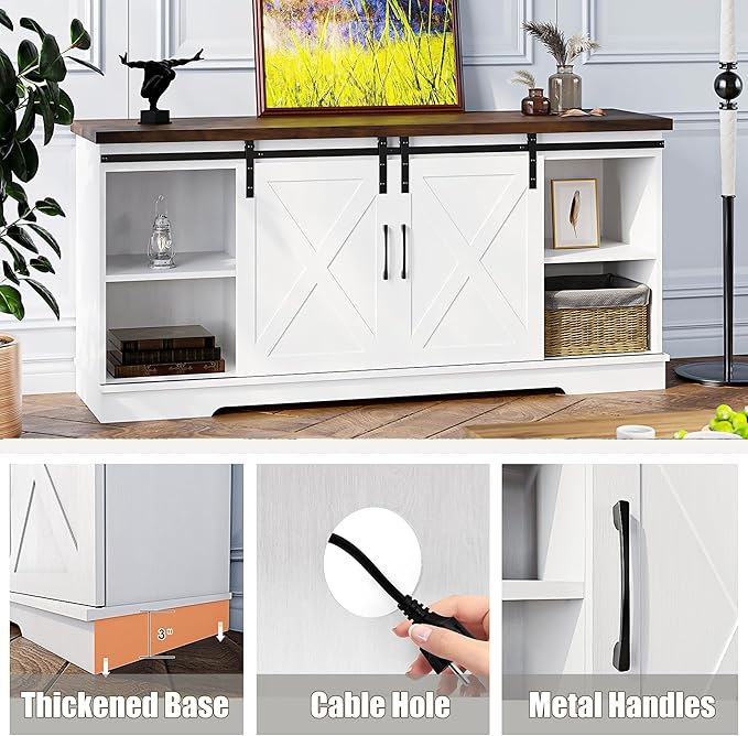 IDEALHOUSE Farmhouse TV Stand, Entertainment Center for 65 Inch TV Media Console Cabinet, Barn Doors TV Stand with Storage and Shelves, Modern TV Console Table Furniture for Livingroom (White)