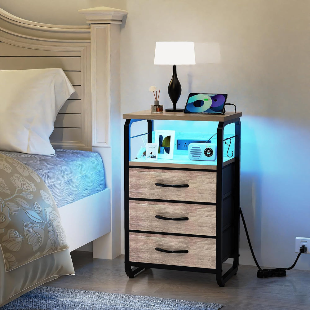 runjuly Bed Side Table with 3 Fabric Drawers, Night Stand with Charging Stati...