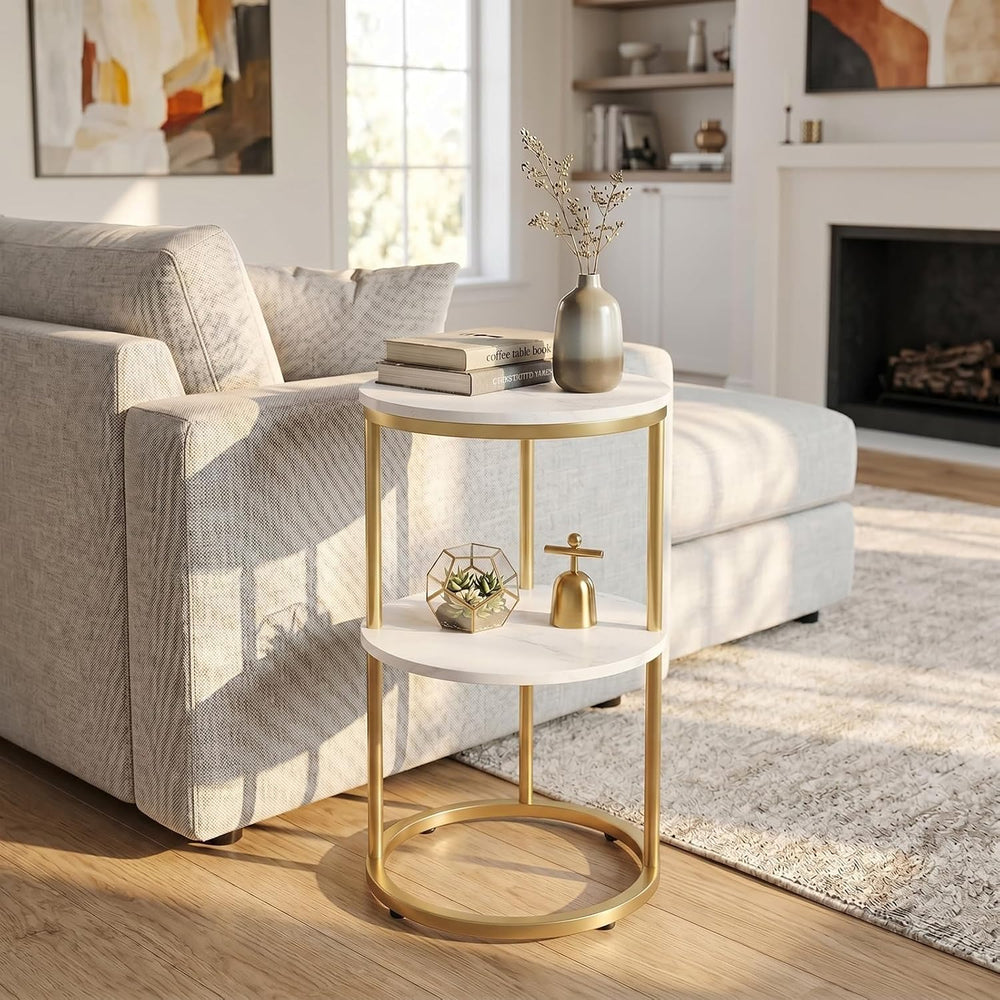 C Shaped end Table,2 Tier Wood Round Side Table for Couch,Small Sofa Table wi...