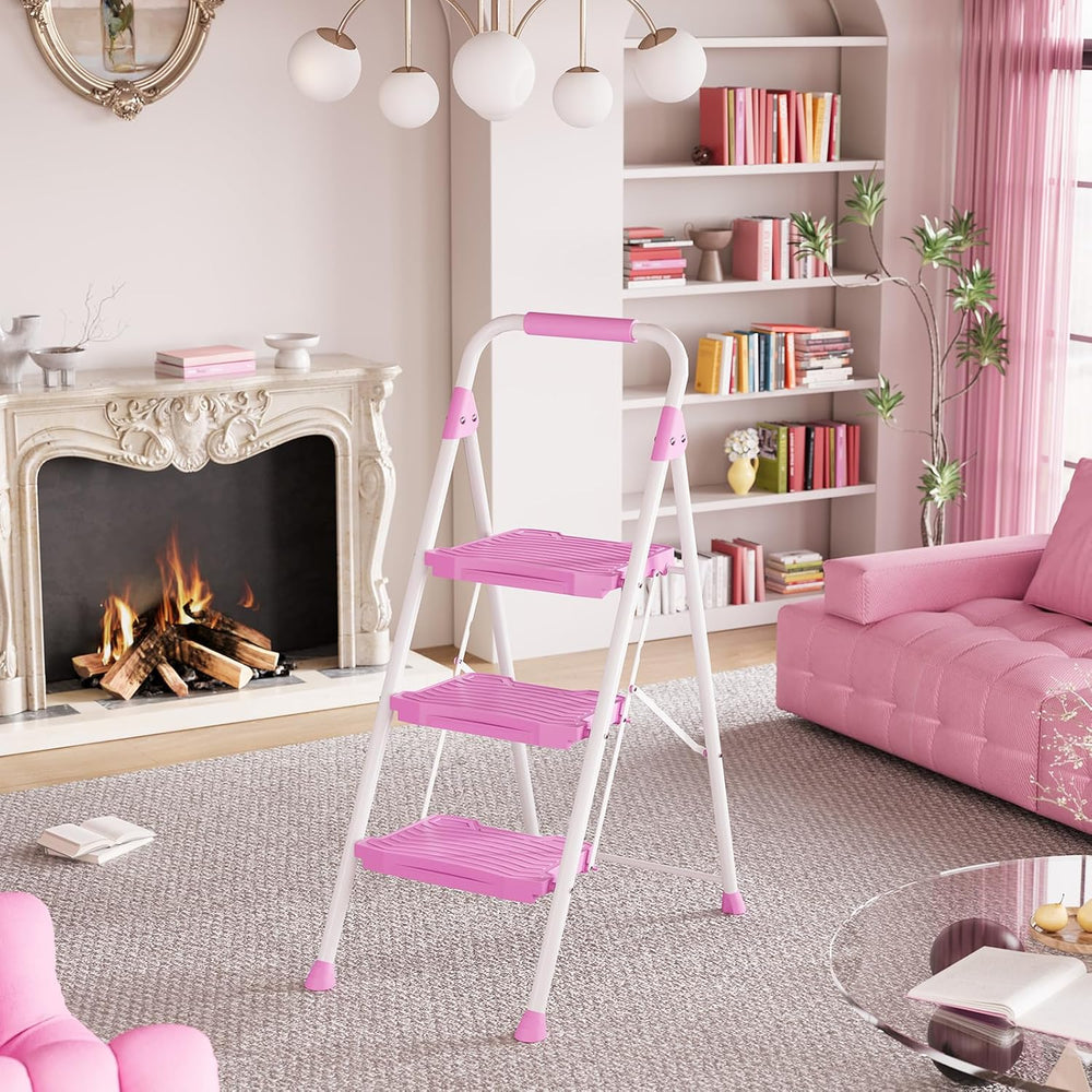 KINGRACK 3 Step Ladder, Sturdy Step Stool with Handrail, Anti-Slip Wide Pedal...