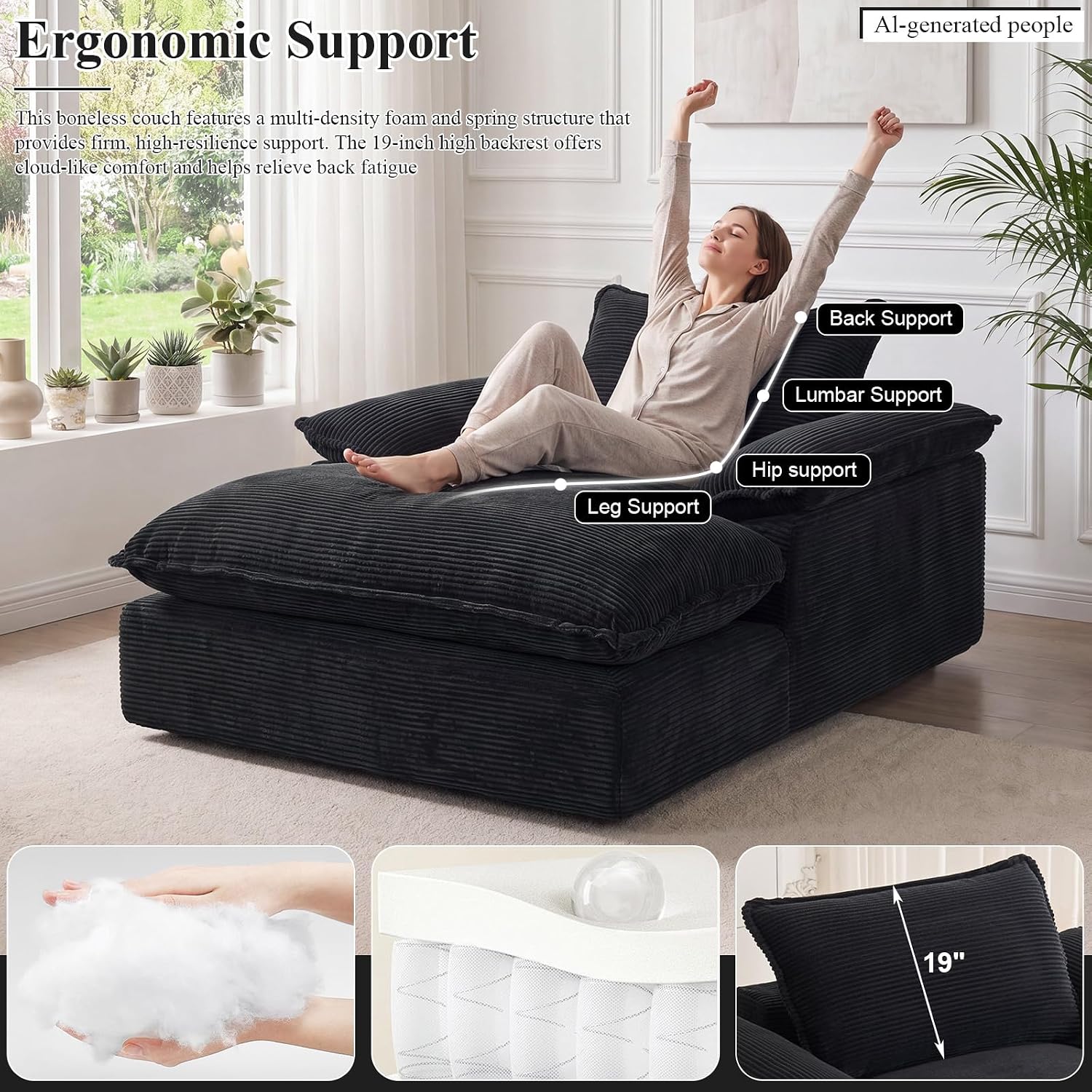 67" Chaise Lounge Chair Indoor, Oversized Boneless Chaise Lounge | Deep Seat Reading Chair | Large Dual-Layer Cushion | Wide Armrests | Corduroy Boneless Couches for Living Room Bedroom, Black