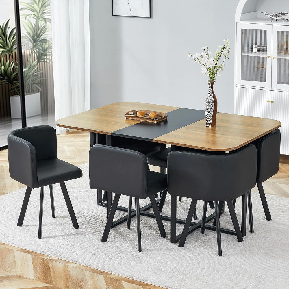 Dining Table Set for 6, 60" Faux Marble and Wood Kitchen Table with 6 PU...