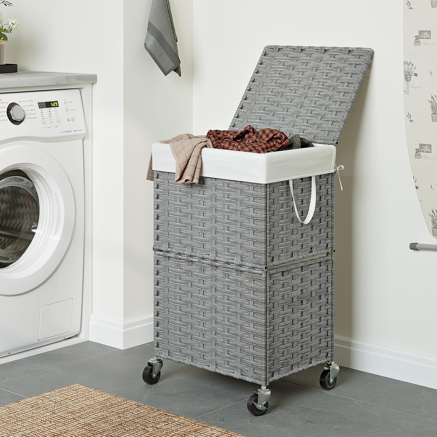 Chrislley 90L Slim Laundry Hamper with Wheels, Rolling Laundry Basket with Lid and Renovable Liner Bag, Handwoven Rattan Organizer for bedroom, bathroom, laundry room (Grey)