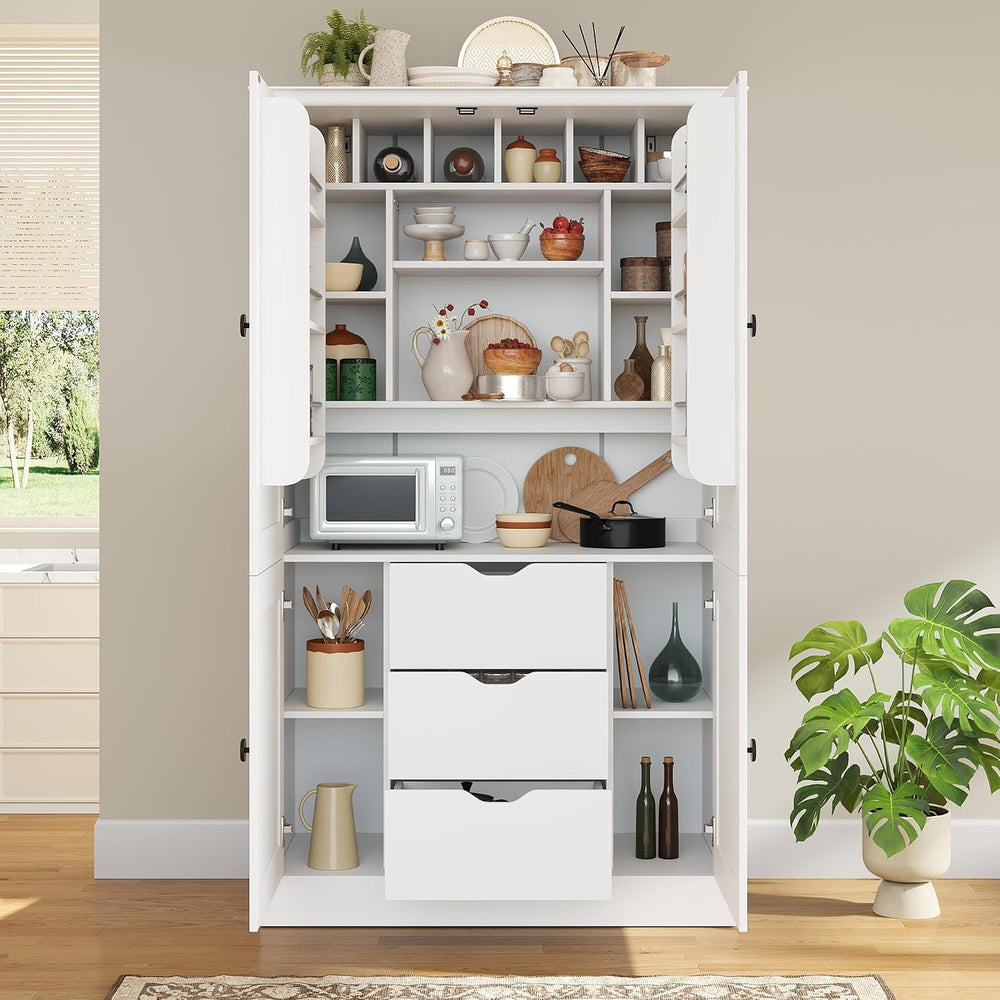 70.9" Tall Kitchen Pantry Cabinet with 4 Doors 3 Drawers 6 Wine Racks &a...