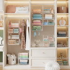 4 Tier Extra Large Hanging Closet Organizer,Closet Organizer Hanging with 5 S Hooks 4 Dividers,Clothes Organizer Clothing Sweaters Clutches Handbags Hats Accessories-White