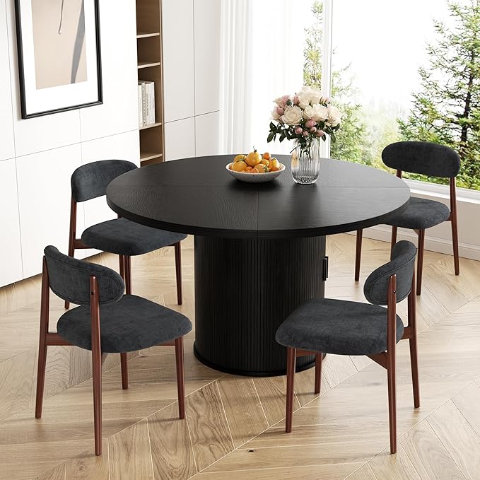 Wooden Dining Chair Set of 8, Modern Dining Chairs with with Curved Back, Fabric Upholstered Kitchen Dining Room Chairs with Adjustable Legs for Farmhouse Dining Living Room,Dark Grey