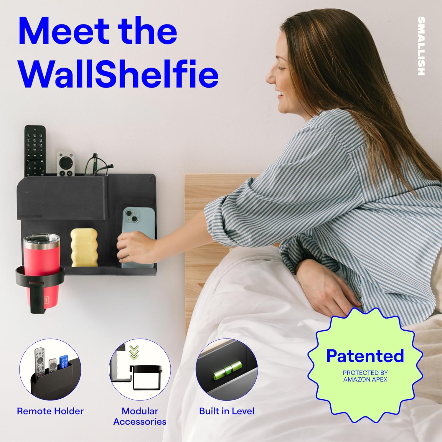 WallShelfie Bedside Wall Organizer & Bedside Shelf, Room Decor, Dorm Room Essential, Floating Bedside Shelf Wall Mount Organizer, Remote Control Holder, RV Accessories, Floating Shelves (Black)
