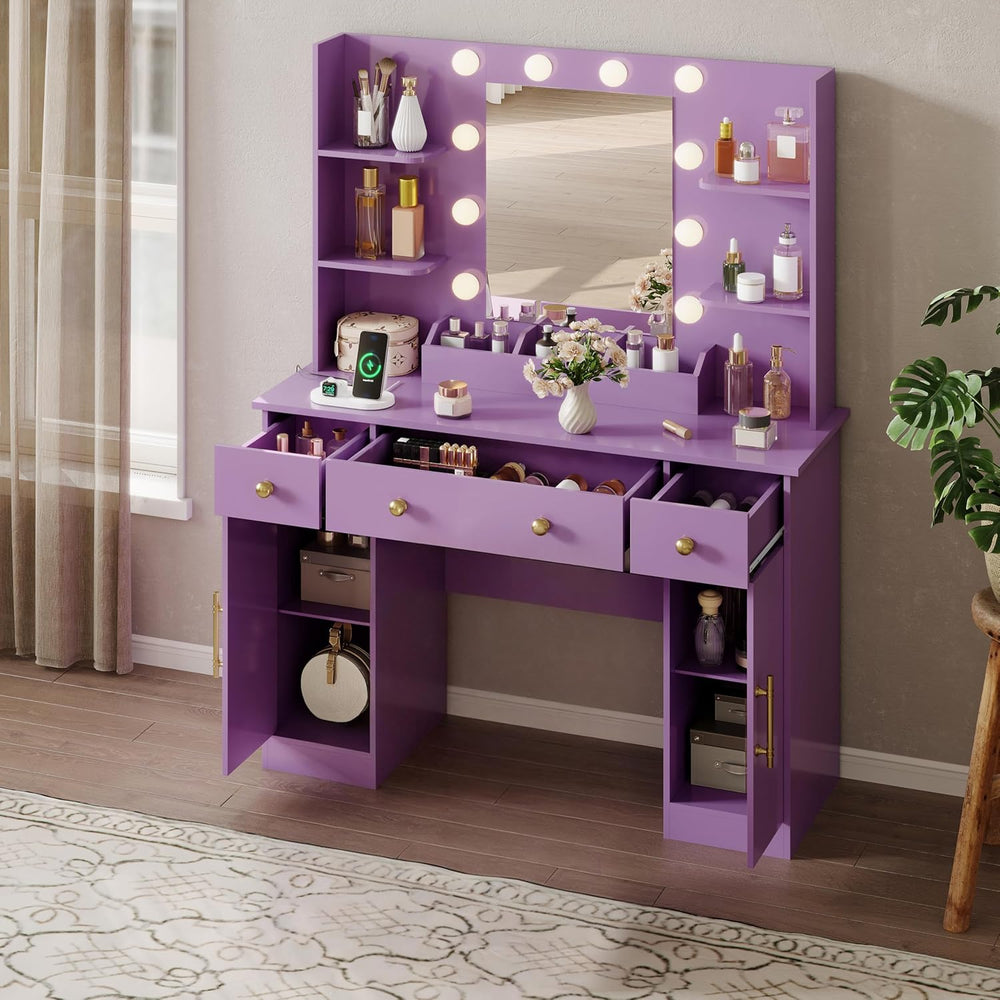 HUANLEGO Vanity Desk with Mirror and Lights, Makeup Vanity with Mirror and LE...
