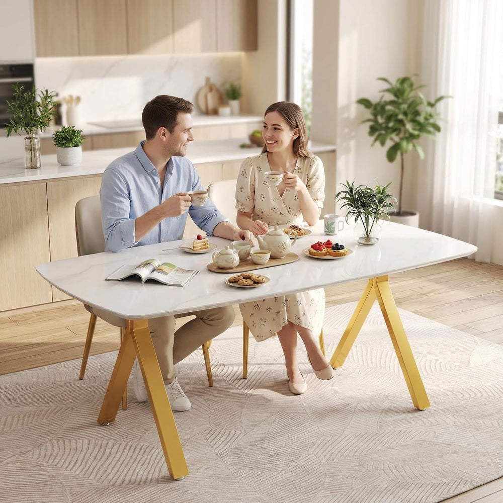 Meihua 51.2'' Dining Table with White Marble Pattern Tempered Glass T...