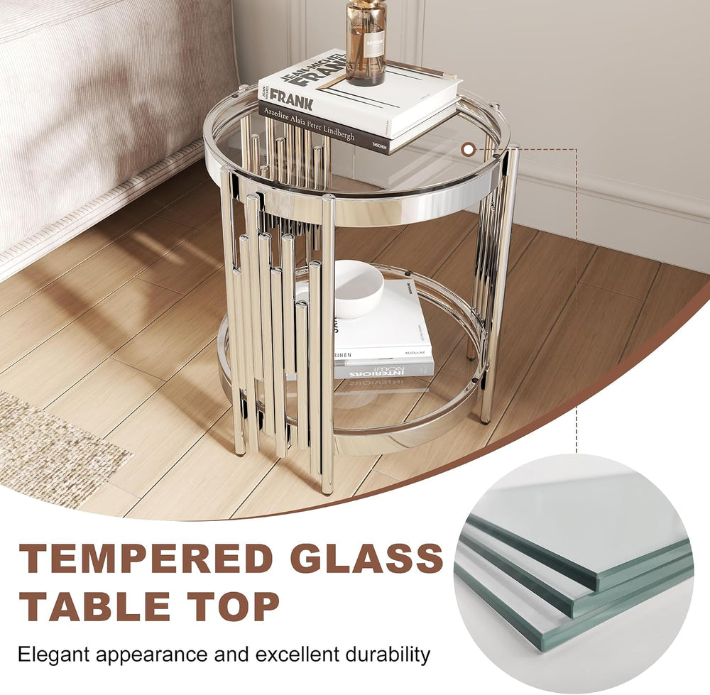 Round Glass End Table, 2-Tier Small Side Table with Tempered Glass Top and Sl...