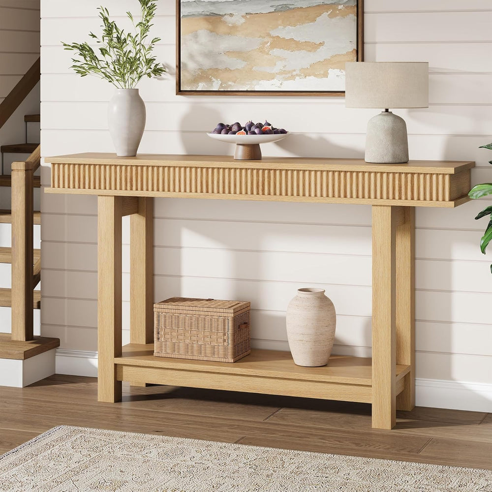 Garvee Farmhouse Fluted Console Table, 2 Tier Wooden Entryway Table with Shel...