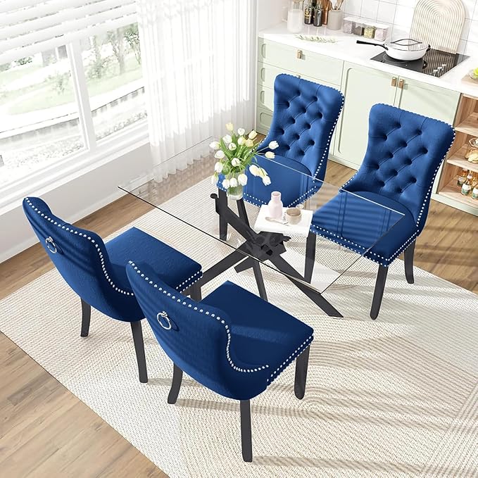 51 Inch Glass Dining Table Set for 4, Rectangular Glass Kitchen Table with 4 Upholstered Velvet Accent Chairs, 5 Piece Modern Dining Room Set, for Home, Apartment, Small Spaces - Blue Black