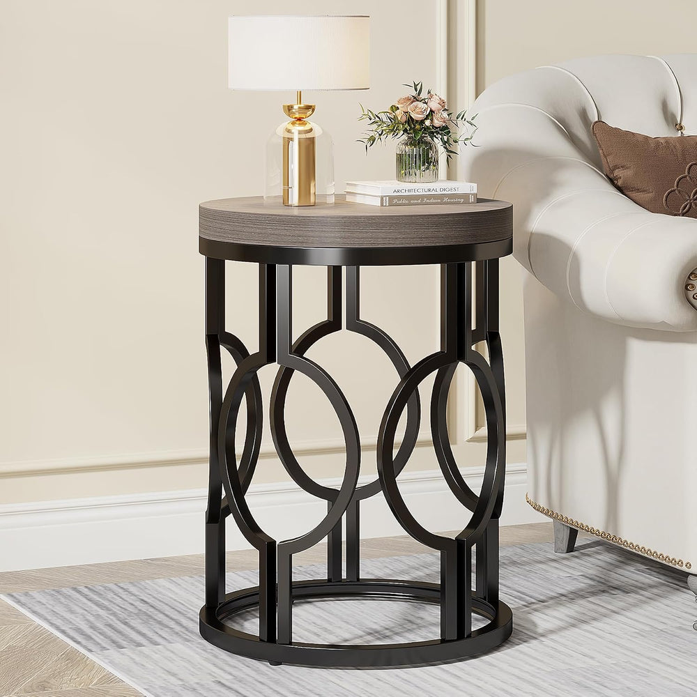 Tribesigns Round End Table, Industrial Side Table with Metal Hollow Frame, Sm...