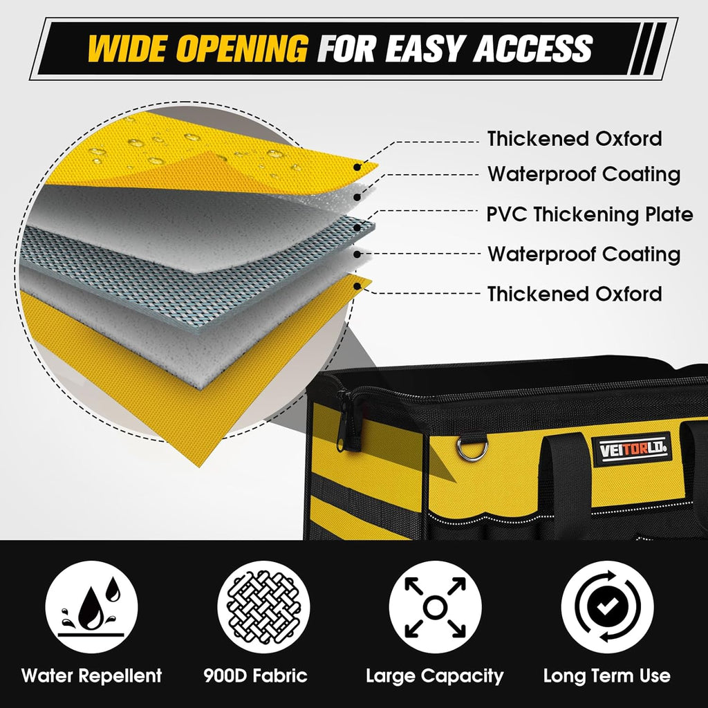 16-Inch Heavy Duty Tool Bag, 19-Pockets Tool Box Organizer, Portable Toolbag W/Soft Handle, Organized Storage, Mechanic Gifts for Men Dad Husband Him Christmas, Wide Mouth Toolbox Organization, Yellow