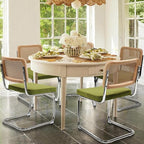 Dining Chairs Set of 4, Modern Rattan Kitchen Chairs, Mid Century Modern Design, Polished Chrome Frame, Upholstered Seat, Green
