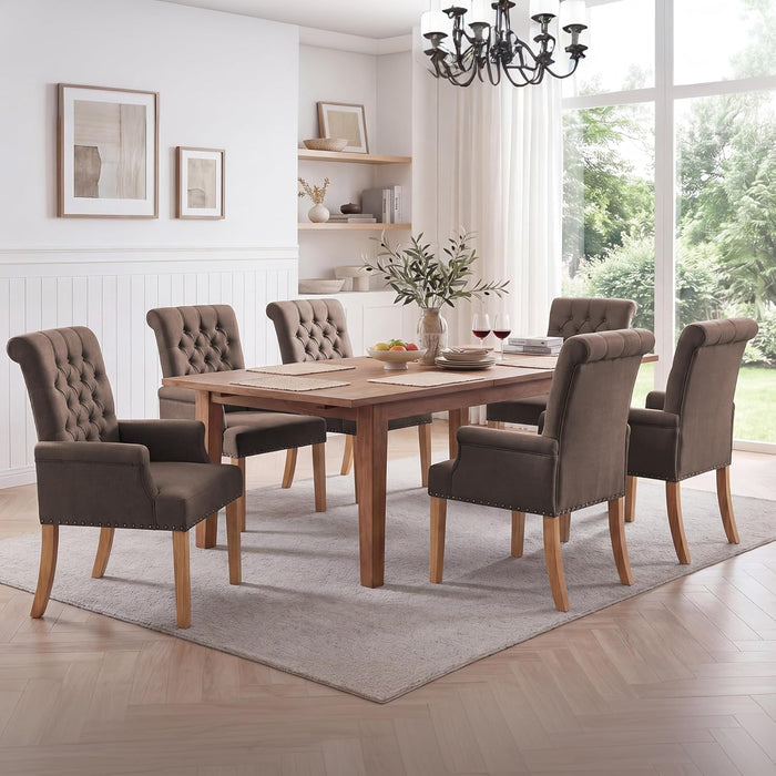 Upholstered Dining Chairs, Modern Fabric Dining Room Chairs with Arms, Tufted High Back Armchair with Solid Wood Legs for Dining Living Room, Kitchen, Brown