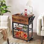 Flip Top End Table for Living Room, 28 inch Side Table, 12" D x 24" W x 28" H, Narrow Side Table with Drawer, 8.4" Deep Drawer, End Table with Charging Station, Steel X-Shaped Frame, Rustic Brown