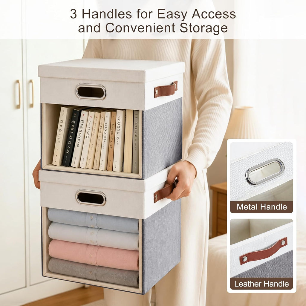 13x13 Inch Ultra Thick Fabric Storage Bins with Lids & Windows, 3P | Foldable, Closet Storage Bins, with 3 Handles, Home Decorative Boxes, for Bedroom, Living Room, Dorm, Office (Gray & White)