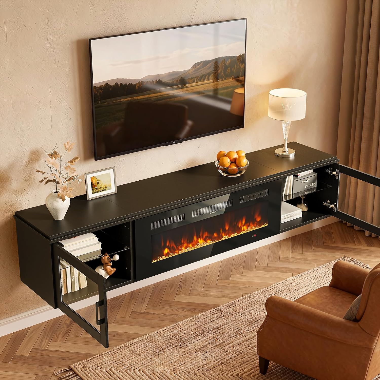 70" Floating TV Stand with 36" Electric Fireplace, Wall Mounted Fireplace Entertainment Center with Storage for TVs Up to 80",WI-FI Enable Fireplace TV Stand for Living Room,Black&Black