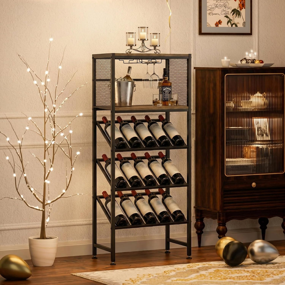 3-Tier Wine Rack Freestanding Floor with Glass & Storage Racks | Space-sa...