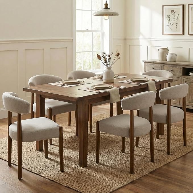 VKNOW Wooden Dining Chairs Set of 2, Modern Upholstered Dining Room Chairs with Walnut Wood Legs and Curved Backrest, Fabric Kitchen Chairs for Farmhouse/Living Room/Dining Room, Beige