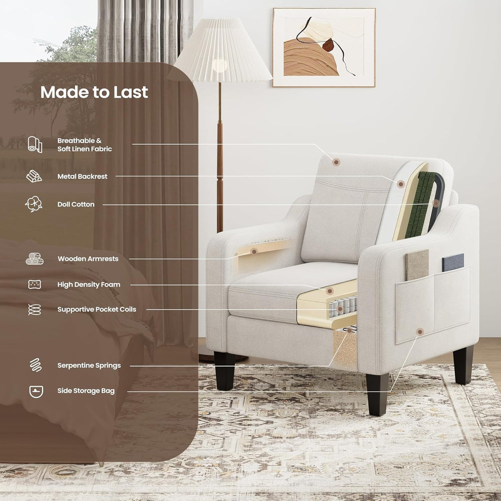 Upholstered Accent Chair with Foldable Side Table for Living Room | 2 Side Po...