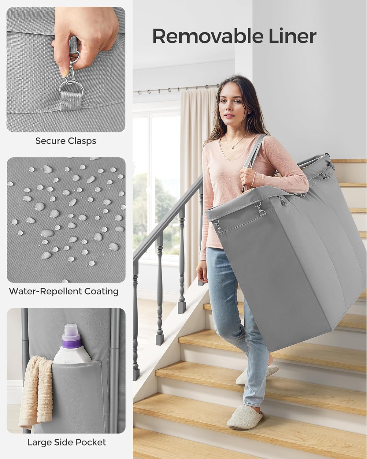 SONGMICS Laundry Basket with Wheels, 3-Section Rolling Laundry Hamper, 52.8 Gallons (200 L), Removable Liner, Steel Frame with Handle, 35.8 x 15.4 x 31.9 Inches, Dove Gray URLS005G01