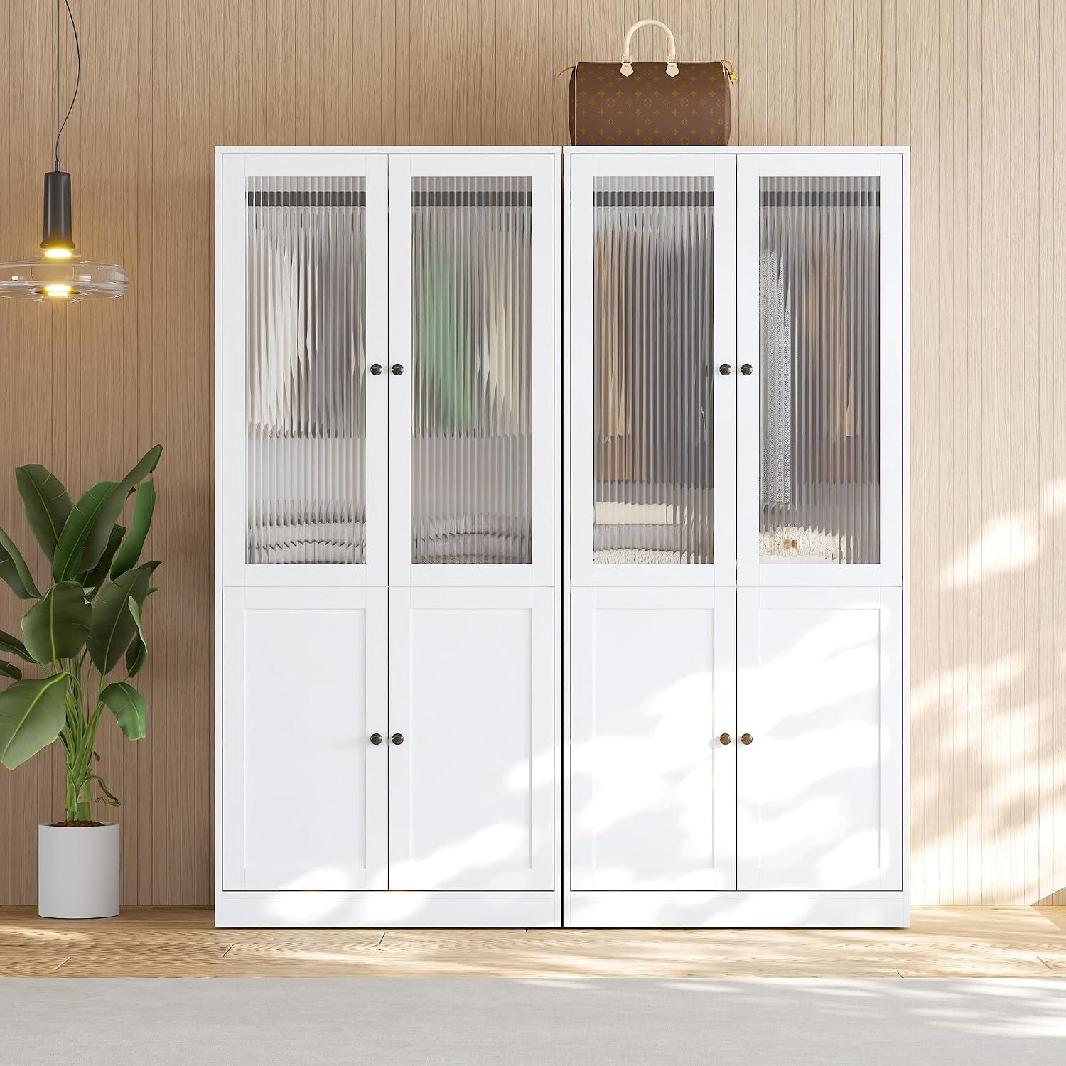 VOWNER 20“D Armoire Wardrobe Closet with Fluted Glass, 71" H Clothing Storage Cabinet with Hanging Rod, 4 Soft-Close Doors Wooden Wardrobe Cabinet for Bedroom, Large Capacity Storage White(CC)
