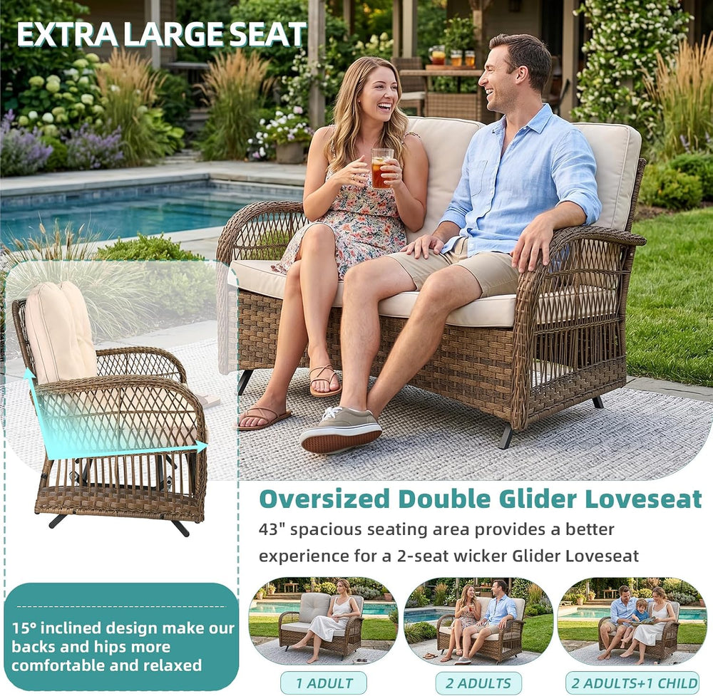 MEETWARM Outdoor Wicker Patio Glider Set, Loveseat for 2 Person Porch Furnitu...