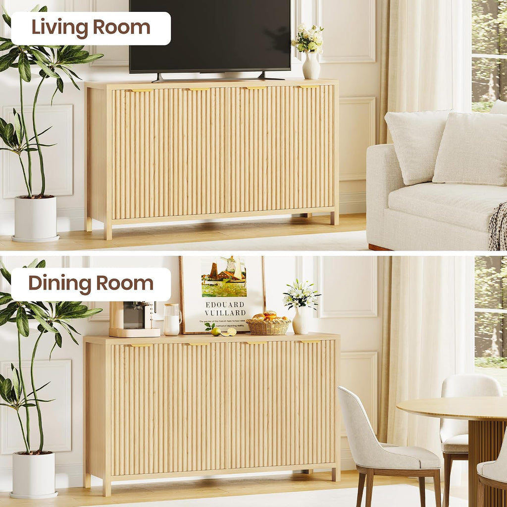 Fluted Buffet Cabinet with Storage, 55" Sideboard Cabinet with 4 Doors, Modern Credenza Accent Console Cabinet Coffee Bar Table for Living Room Dining Room Hallway, Oak