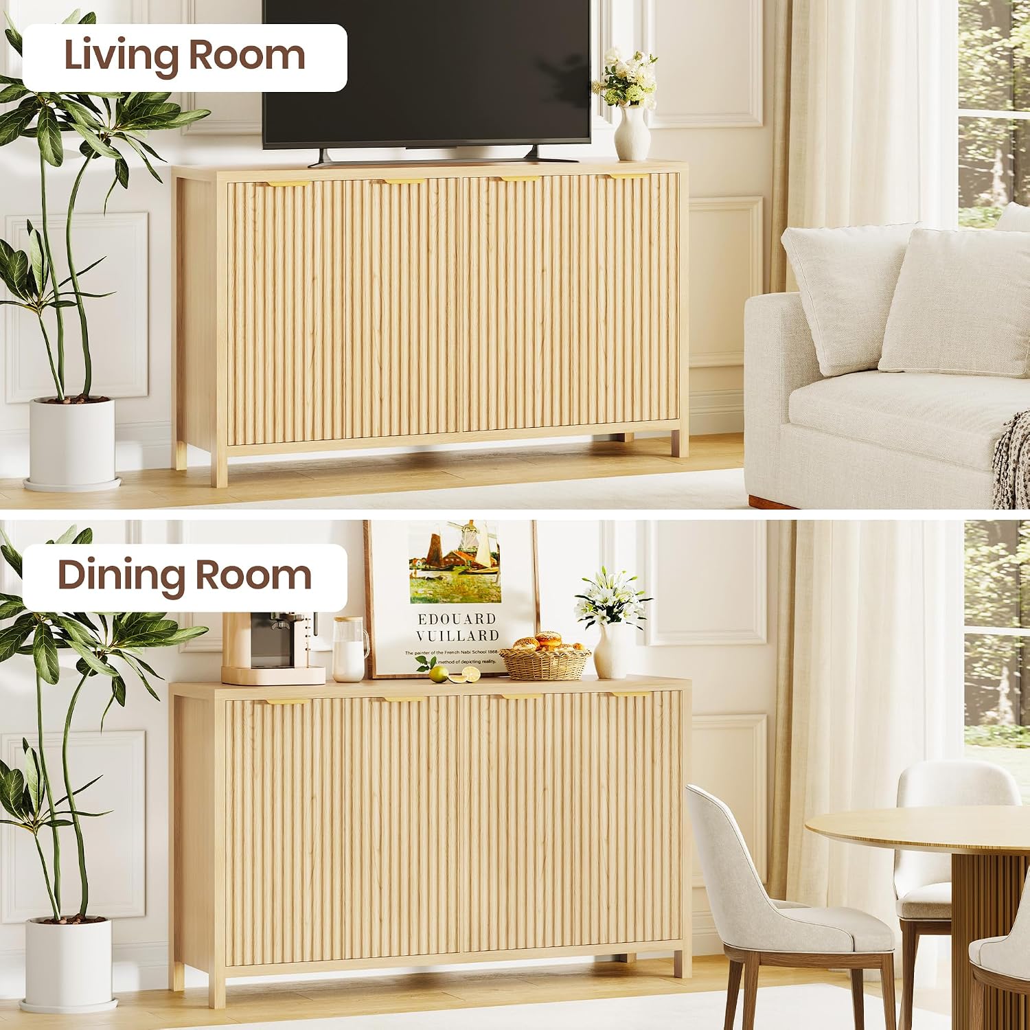 Fluted Buffet Cabinet with Storage, 55" Sideboard Cabinet with 4 Doors, Modern Credenza Accent Console Cabinet Coffee Bar Table for Living Room Dining Room Hallway, Oak