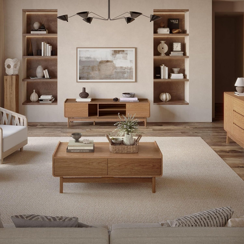 LuxenHome 47" Coffee Table with Storage, Oak Center Table for Living Room