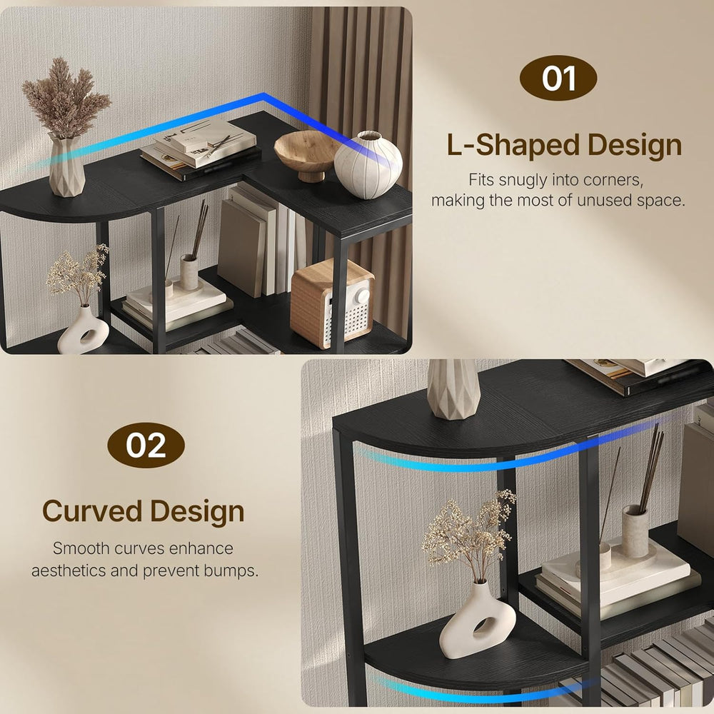 YATINEY Corner Bookshelf, 5-Tier L-Shaped Bookcase with 3 Fabric Drawers, Sto...