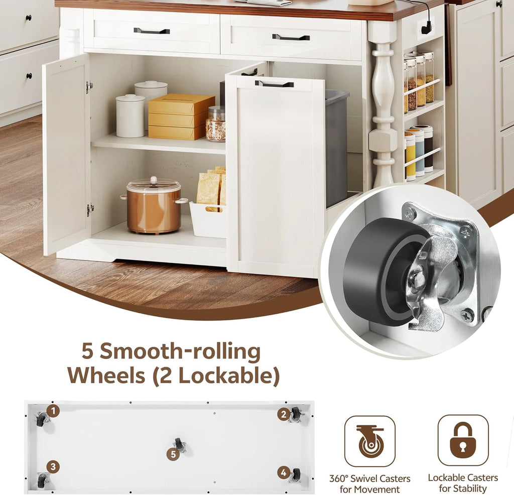 Kitchen Island with Drop Leaf, 47.6" Kitchen Island with Storage | with Power Outlet & Trash Bin Rolling Kitchen Cart with Spice Rack Island Table for Kitchen Breakfast Home Bar, Antique White