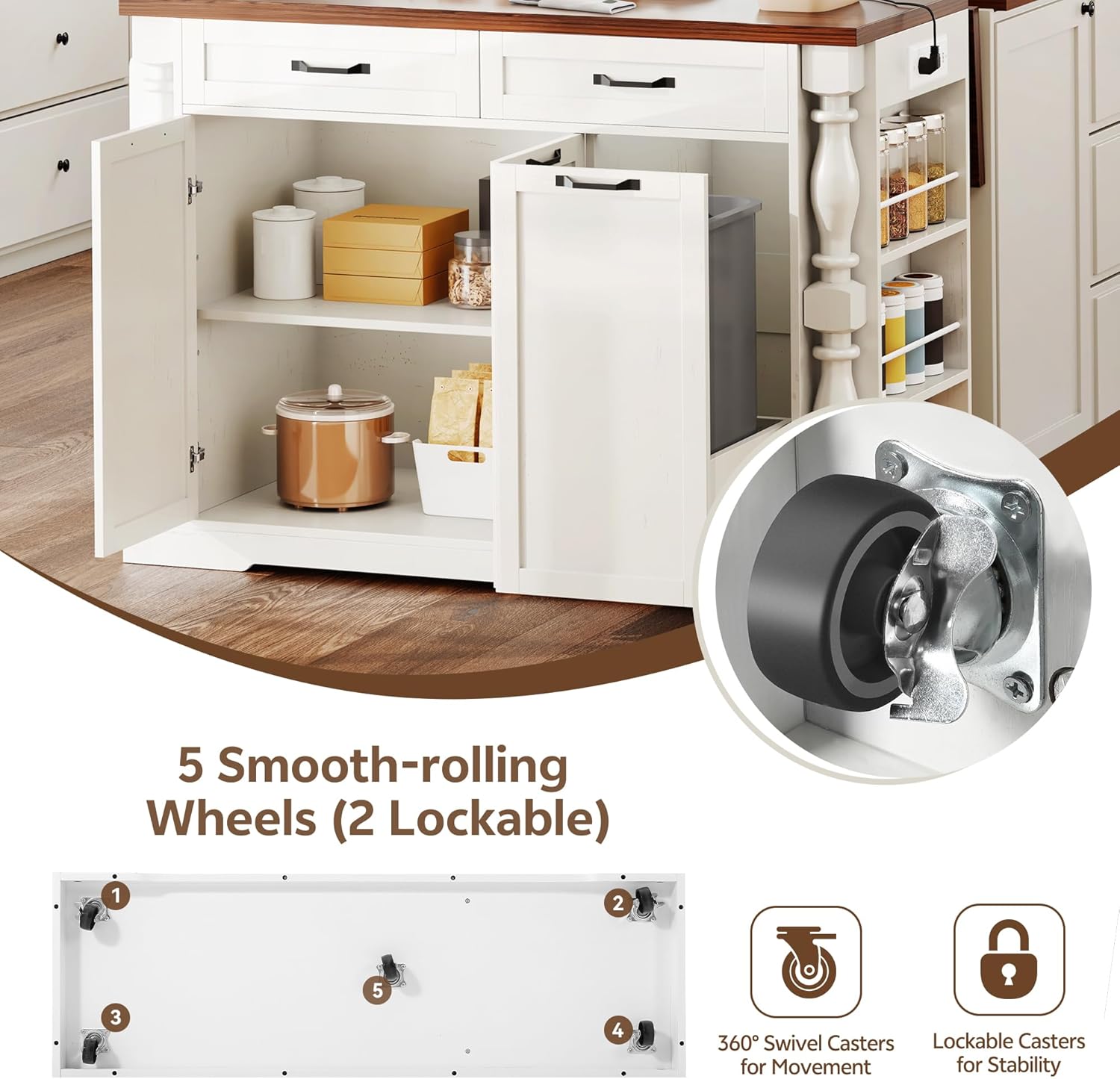 Kitchen Island with Drop Leaf, 47.6" Kitchen Island with Storage | with Power Outlet & Trash Bin Rolling Kitchen Cart with Spice Rack Island Table for Kitchen Breakfast Home Bar, Antique White