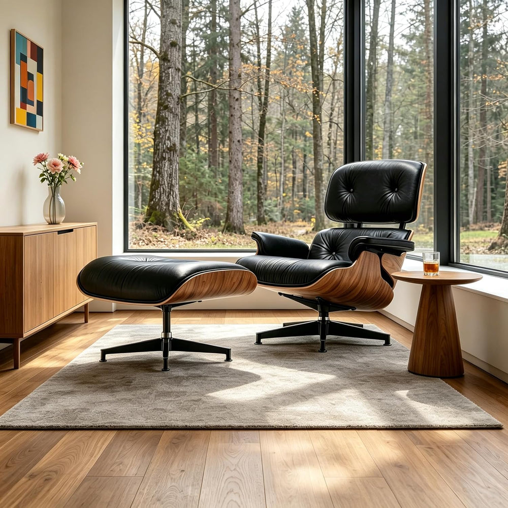 Mid Century Chaise Lounge Chair with Ottoman, Modern Retro Classic Design, PU...