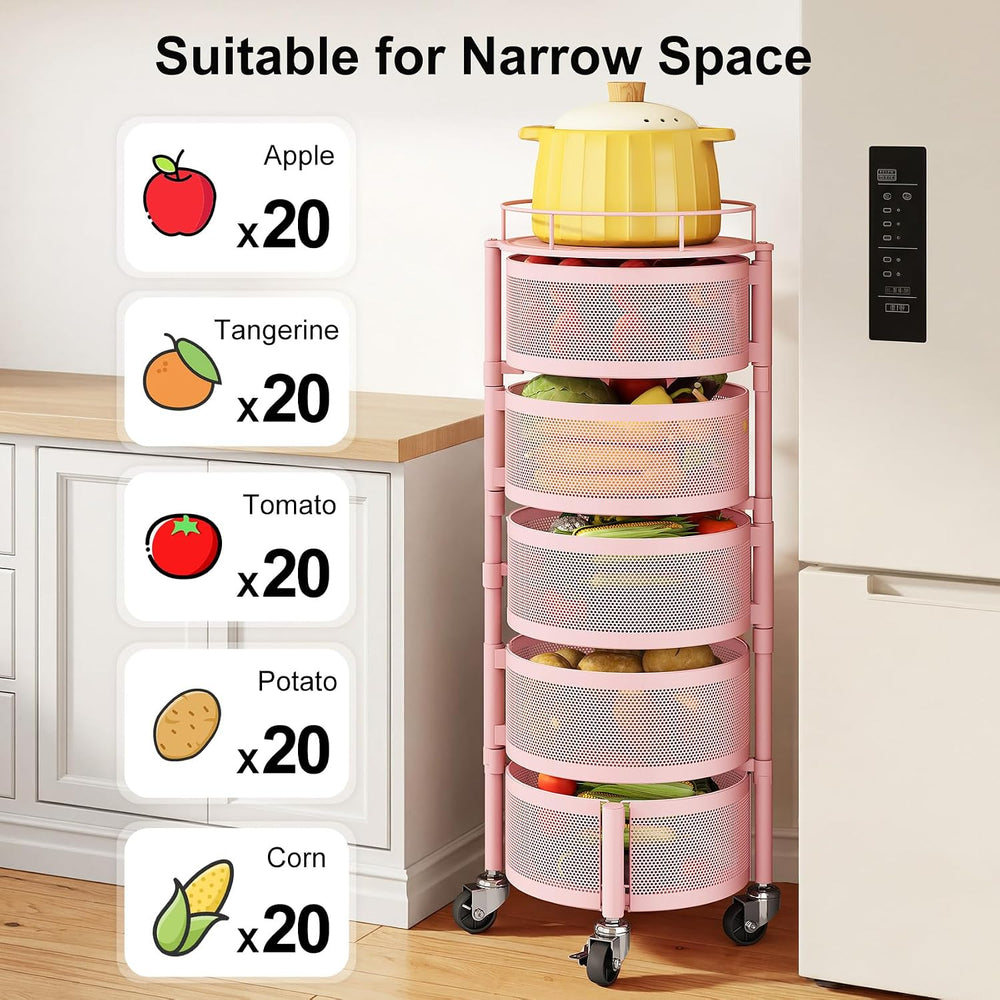 SAYZH 5 Tier Fruit Vegetable Basket Stand for Kitchen, Rotating, Pink | Rolli...