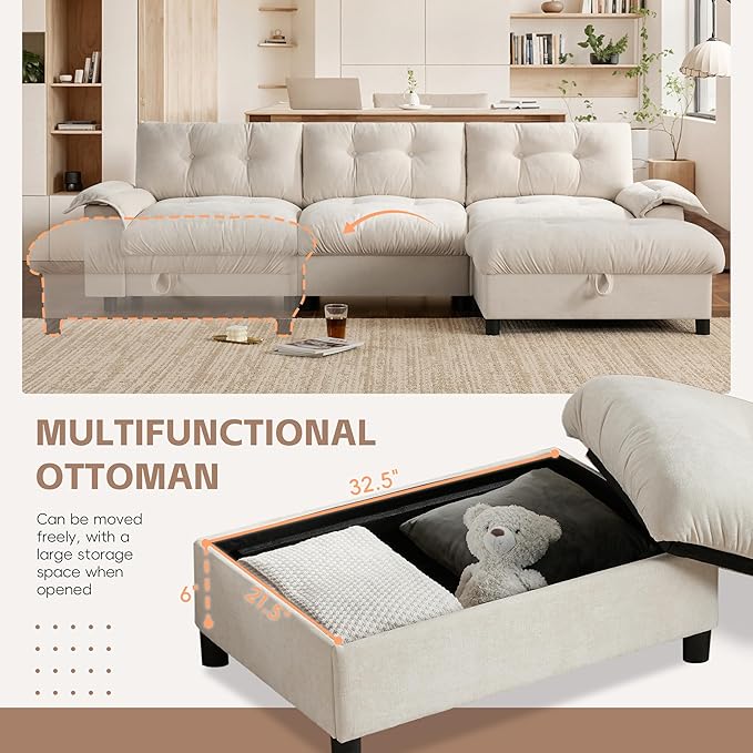 Ball & Cast Modular L Shaped Sectional Sofa with Movable Storage Ottoman and Dual-Port Charging,4 Seater Comfy Cloud Couch W/Side Storage Pockets & Cup Holder,for Living Room,Apartment,Beige,104"