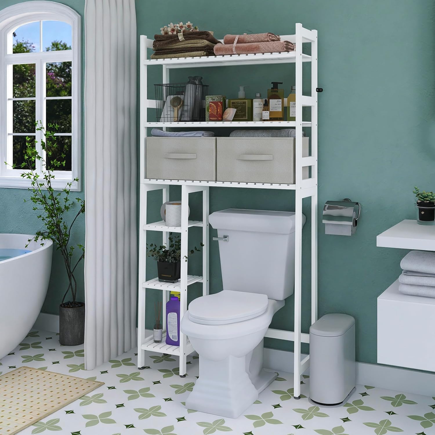 SMIBUY Over The Toilet Storage with Drawers, Large Bathroom Space Saver Organizer Rack, Freestanding Behind Toilet Stand with 6-Tier Shelf and Waterproof Feet Pad for Restroom, Laundry (White)
