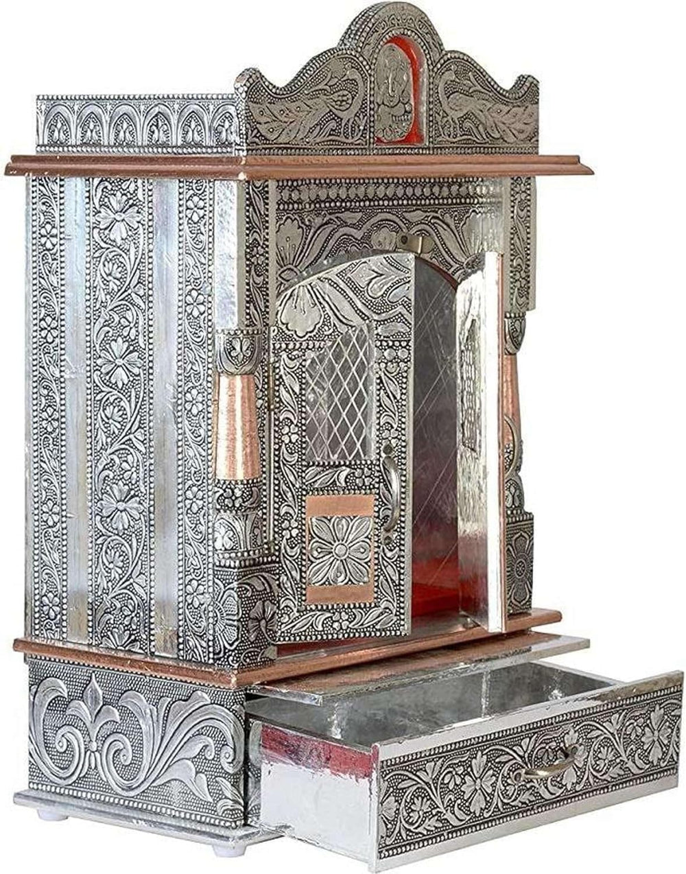 Oxidized Metal Pooja Mandir with Doors and Drawer, Silver, Ganesha Embossed, ...