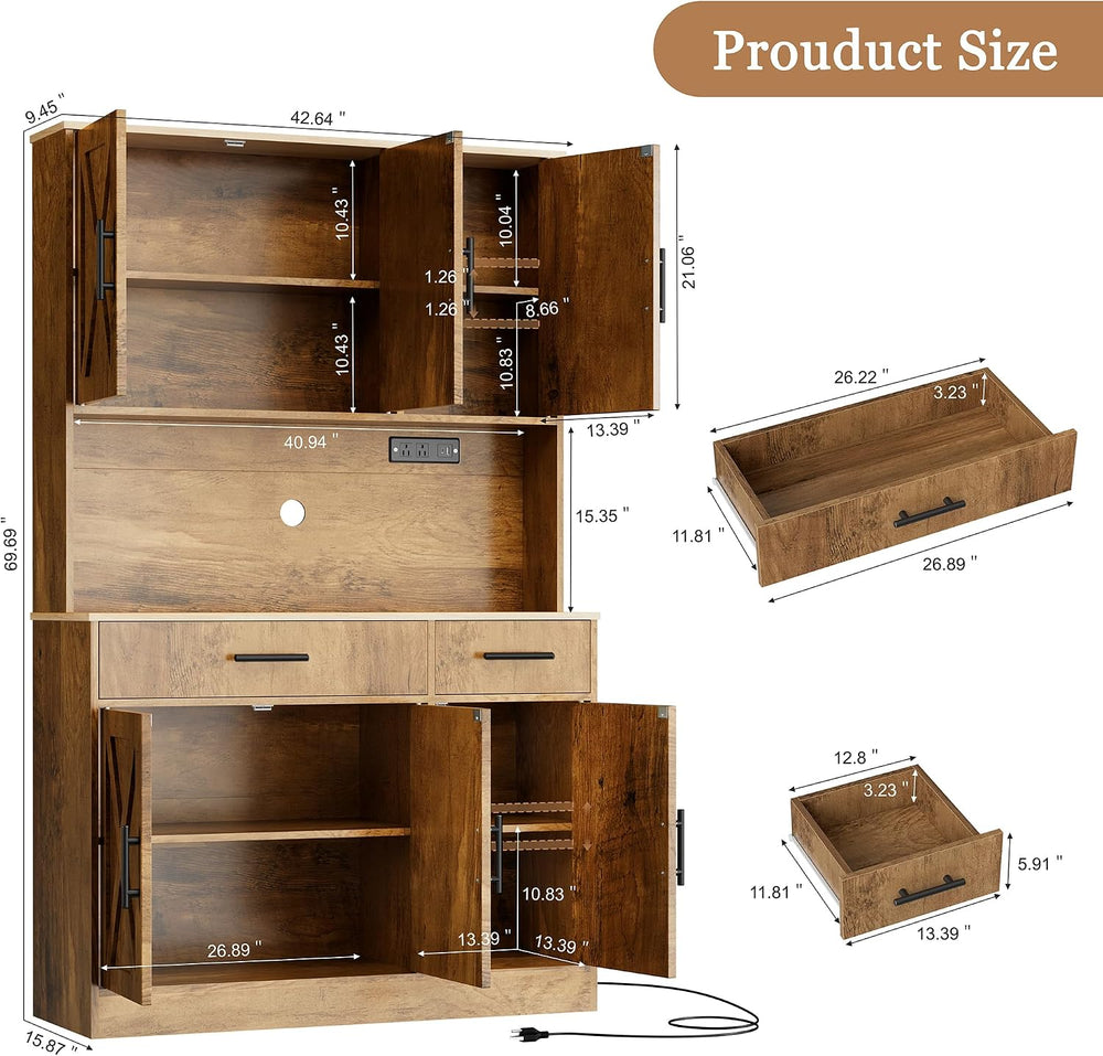 Shintenchi Pantry Cabinet with Charging Station, 70” Tall Kitchen Storage Cab...