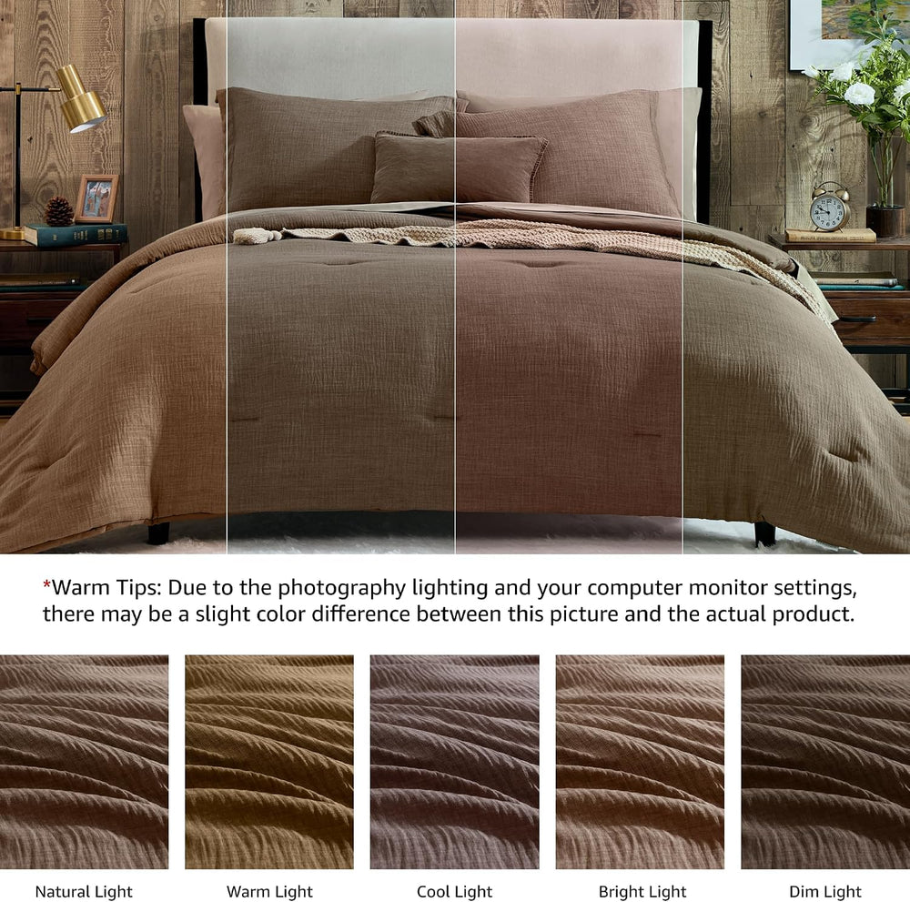 King Size Comforter Set - 7 Pieces Brown Bedding Set Textured Bed in a Bag