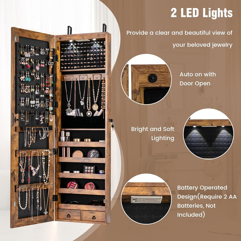 HAPPYGRILL Over the Door Jewelry Organizer, Hanging Jewelry Storage Cabinet w/Full-Length, Inner Makeup Mirror, Earring Shelves, Ring Slots, 25 Necklace Hooks, Wall Mounted Jewelry Armoire for Women