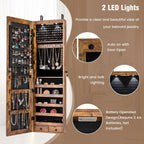 HAPPYGRILL Over the Door Jewelry Organizer, Hanging Jewelry Storage Cabinet w/Full-Length, Inner Makeup Mirror, Earring Shelves, Ring Slots, 25 Necklace Hooks, Wall Mounted Jewelry Armoire for Women