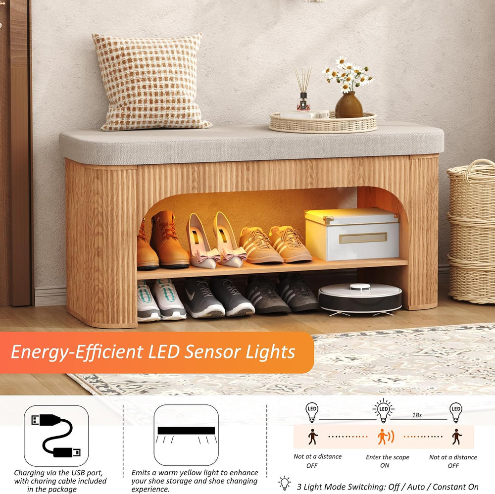 HOMEFORT 40.2" Fluted Storage Bench with Built-in LED Light, Flip-Top Sh...
